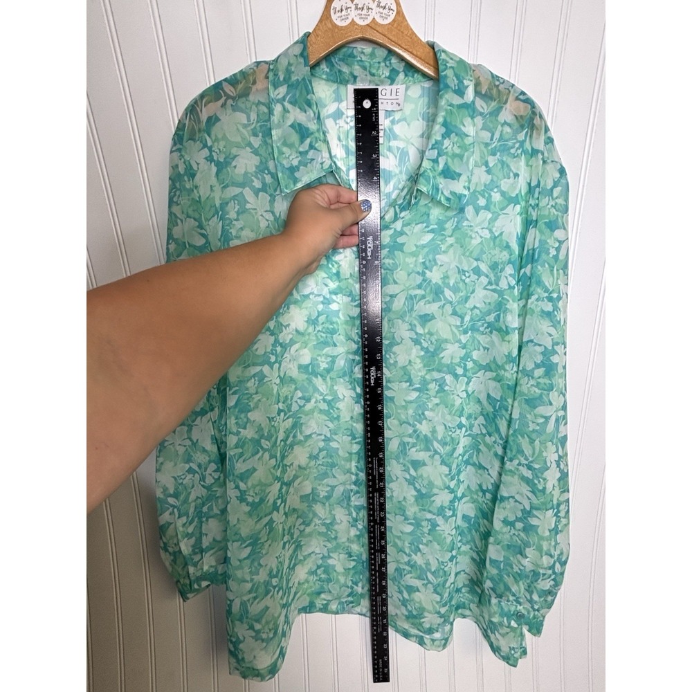 Maggie McNaughton Blouse 18W Aqua Blue Watercolor Floral Sheer Button Up Shirt - Picture 8 of 9